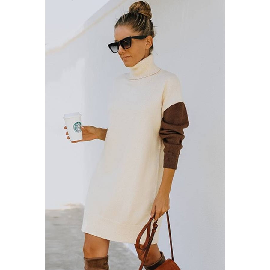 cream turtleneck sweater dress