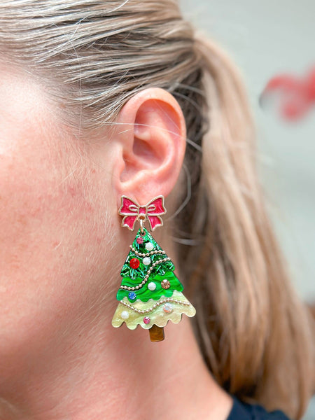 Pink Bow Christmas Tree Dangle Earrings