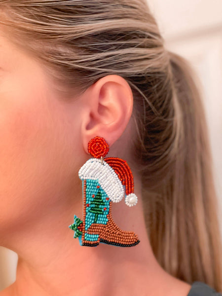 Christmas Cowboy Boot Beaded Dangle Earrings