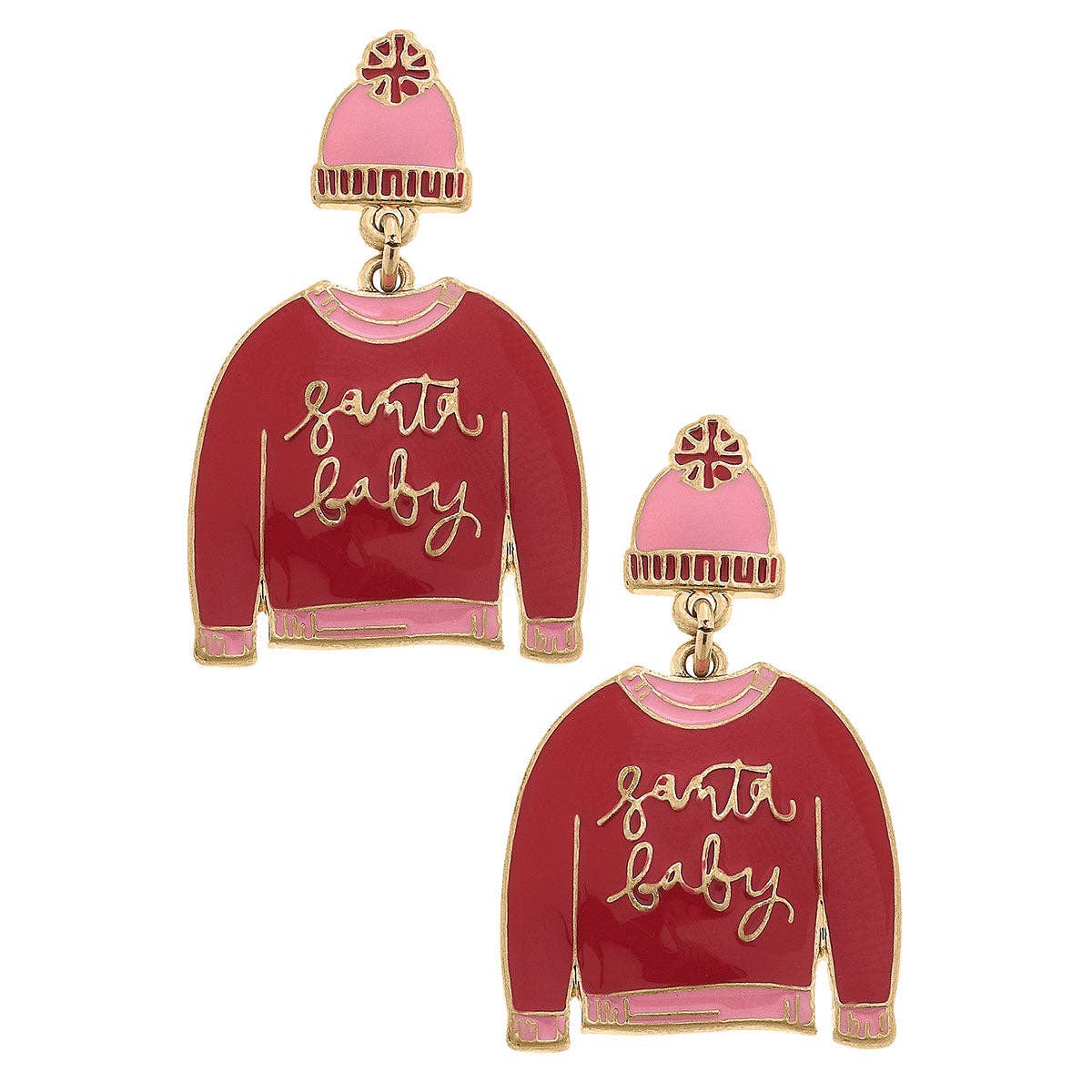 Santa Baby Sweater Enamel Earrings in Red & Pink