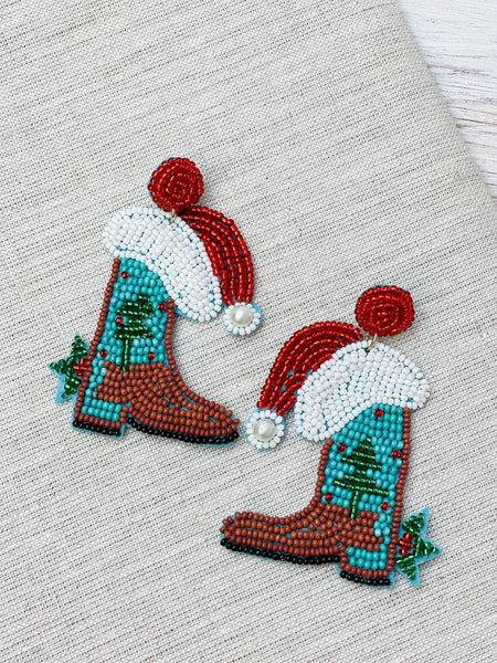 Christmas Cowboy Boot Beaded Dangle Earrings