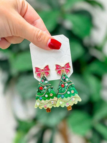 Pink Bow Christmas Tree Dangle Earrings