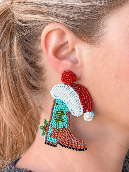 Christmas Cowboy Boot Beaded Dangle Earrings