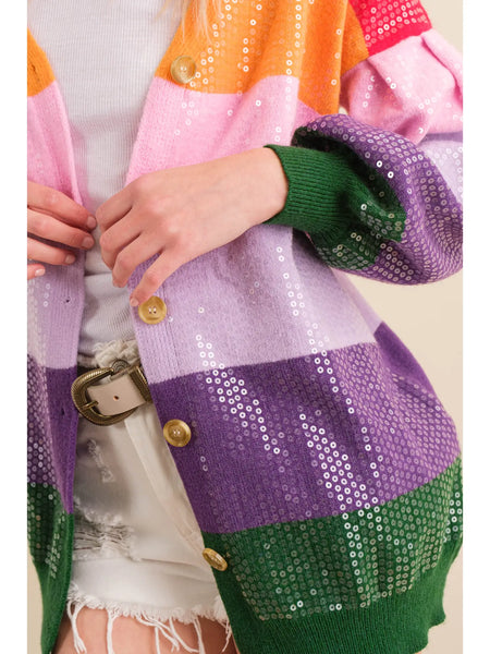 Sequin Rainbow Stripe Cardigan Sweater