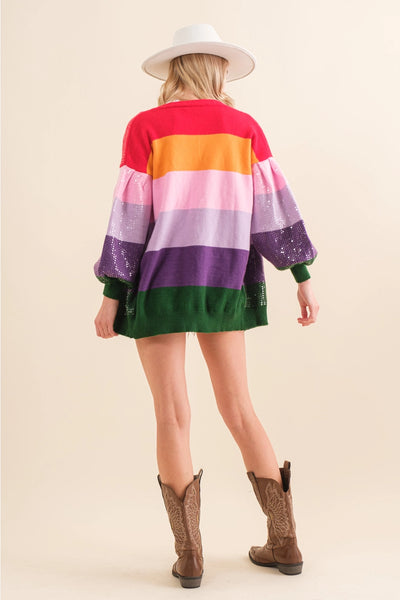 Sequin Rainbow Stripe Cardigan Sweater