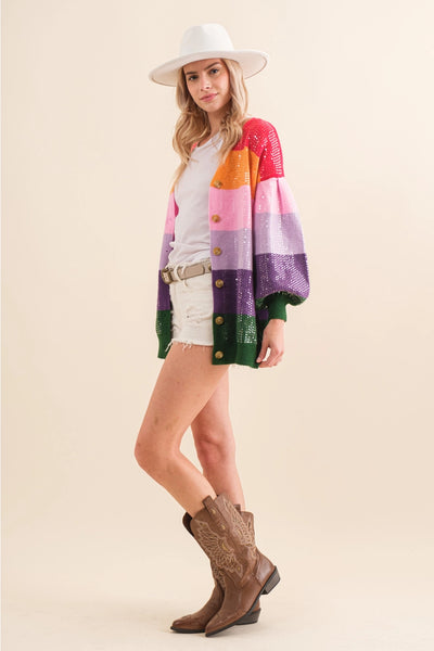 Sequin Rainbow Stripe Cardigan Sweater