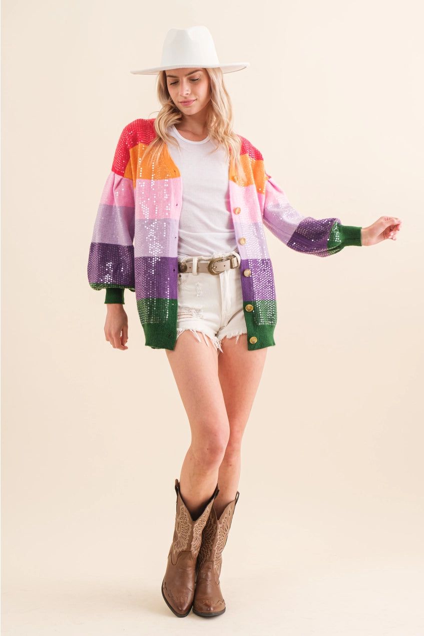 Sequin Rainbow Stripe Cardigan Sweater