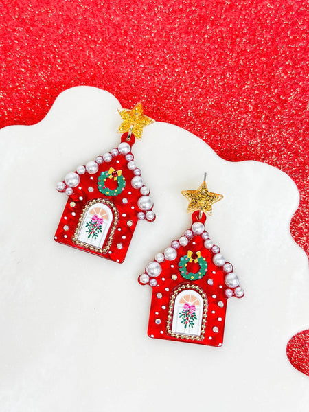 Decorative Pearl Christmas House Dangle Earrings - Red