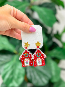 Decorative Pearl Christmas House Dangle Earrings - Red