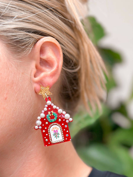 Decorative Pearl Christmas House Dangle Earrings - Red