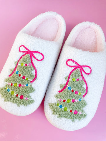 Pink Bow Christmas Tree Slippers