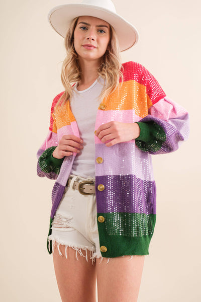 Sequin Rainbow Stripe Cardigan Sweater